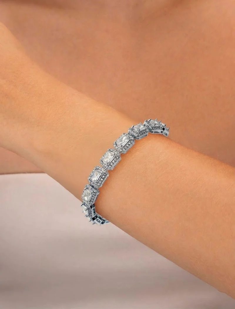 Pulseira Toda Retangulares Cravejadas Banho Prateado Zircônia - Image 3
