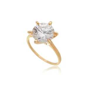 Anel Solitário Zircônia Redonda Seis Garras Banho Ouro 18K