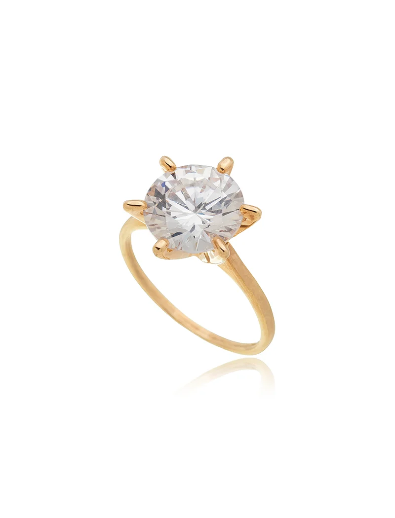 Anel Solitário Zircônia Redonda Seis Garras Banho Ouro 18K