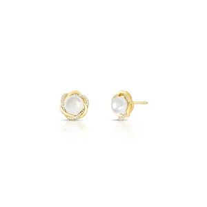 Brinco Fixo Flor Cravejada Banho Ouro 18k Pérola Shell