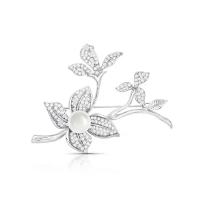 Broche Flor Cravejada Banho Ródio Pérola Shell Zircônia