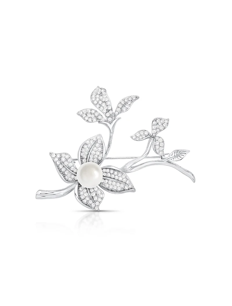 Broche Flor Cravejada Banho Ródio Pérola Shell Zircônia