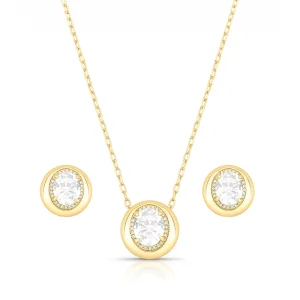 Conjunto Redondo Pedra Oval Laterais Cravejadas Banho Ouro 18k Cristal Zircônia