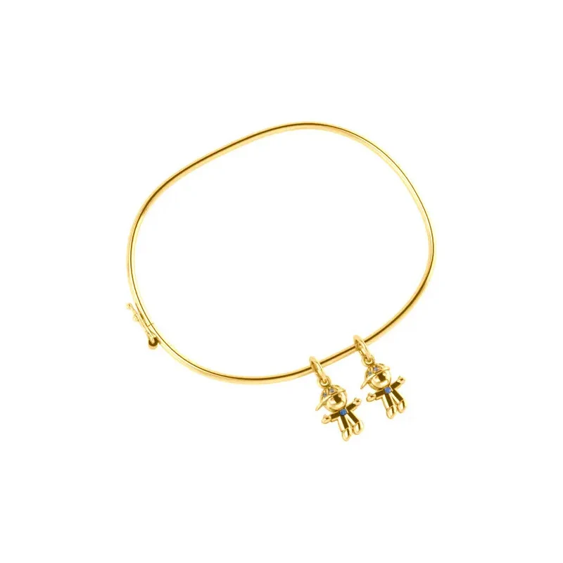 Bracelete Rígido Prata 925 Dourada 18k - Pingente 2 Meninos Dourado 19 Cm