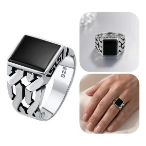 Anel Masculino Black Onix Elos Esculpido Prata 925 Exclusivo