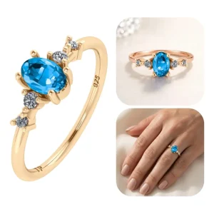 Anel London De Prata 925 Dourada Ouro 18k - Água Marinha