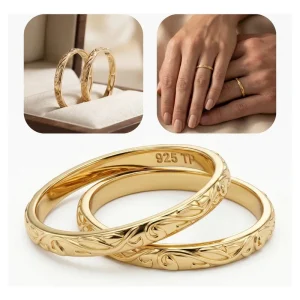 Par Aliança Casamento Arabesco Prata 925 Dourada Ouro 18k Tamanho Feminino 18 Tamanho Masculino 21
