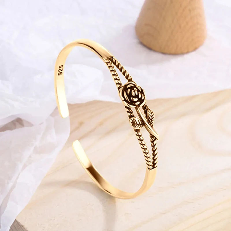 Pulseira Bracelete Maciço Prata 925 Dourado Ouro 18k- Floral Dourado 6.5 Cm 22 Cm - Image 6