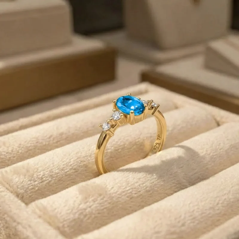 Anel London De Prata 925 Dourada Ouro 18k - Água Marinha - Image 7