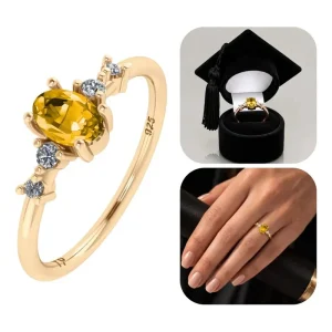 Anel Formatura Feminino Prata 925 Dourada 18k + Capelo Citrino 14-15