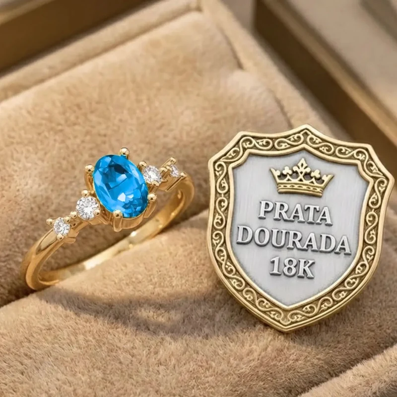 Anel London De Prata 925 Dourada Ouro 18k - Água Marinha - Image 6