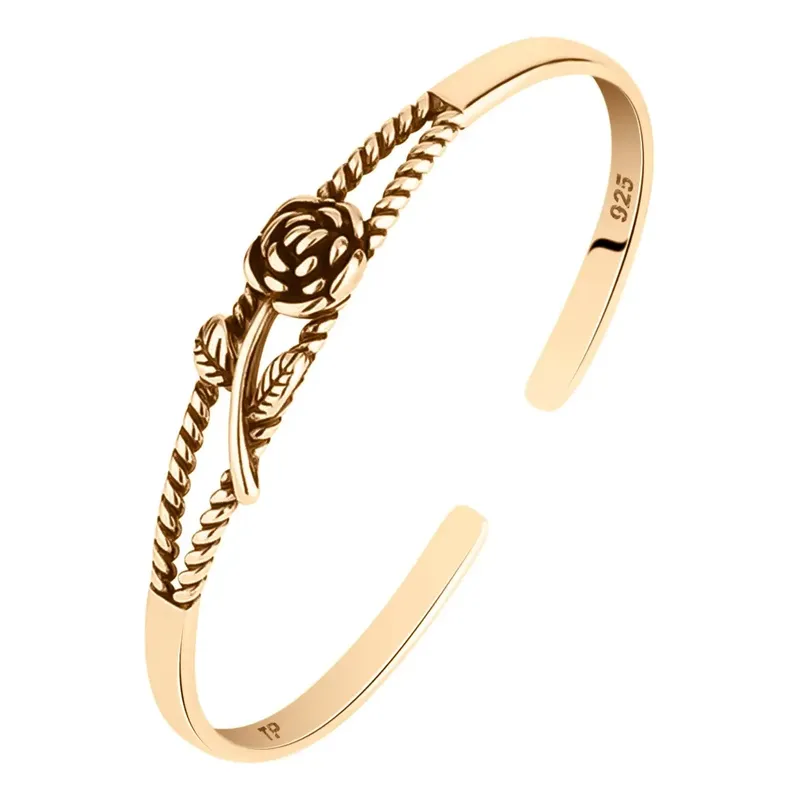 Pulseira Bracelete Maciço Prata 925 Dourado Ouro 18k- Floral Dourado 6.5 Cm 22 Cm - Image 2
