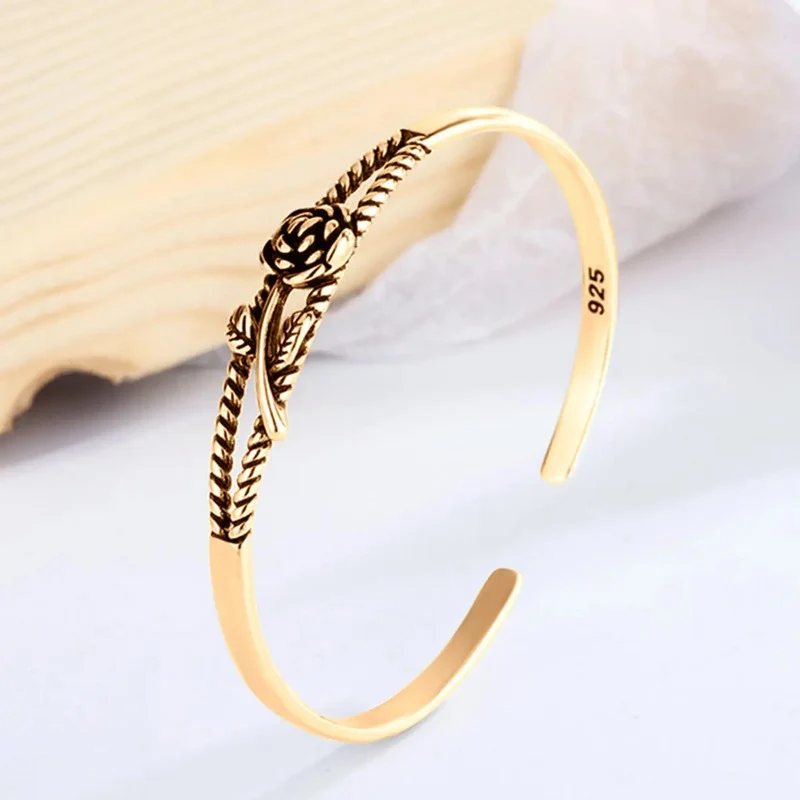 Pulseira Bracelete Maciço Prata 925 Dourado Ouro 18k- Floral Dourado 6.5 Cm 22 Cm - Image 5