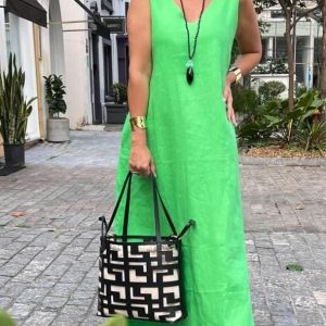 Vestido Paula Linho Verde Grama EZILDINHA
