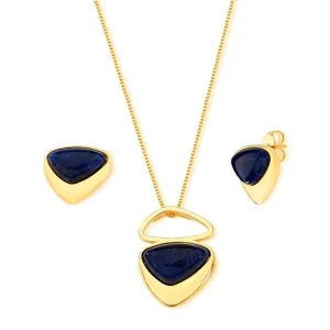 Conjunto Triangular Abaulado Pedra Central Banho Ouro 18k