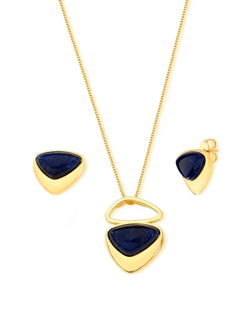 Conjunto Triangular Abaulado Pedra Central Banho Ouro 18k