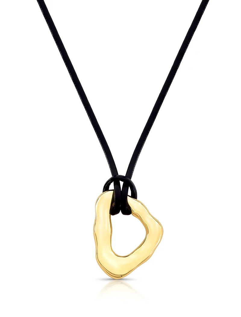Colar Couro Ajustável Pingente Retangular Amassado Banho Ouro 18K - Image 2