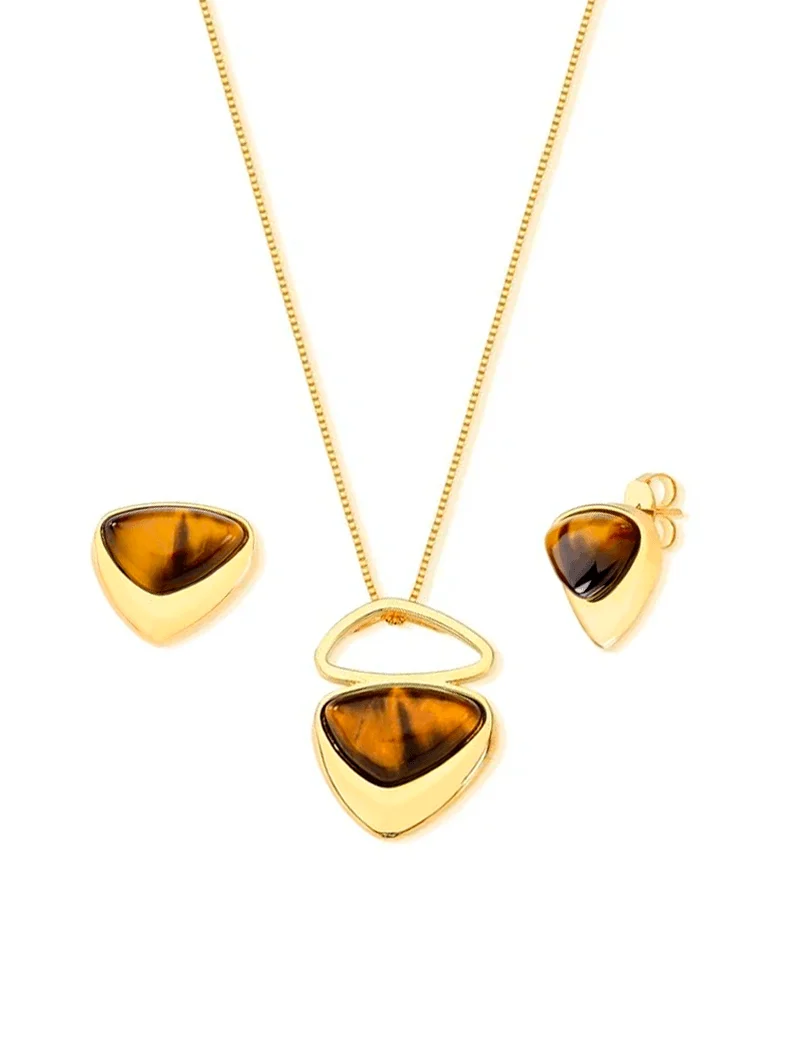 Conjunto Triangular Abaulado Pedra Central Banho Ouro 18k - Image 4