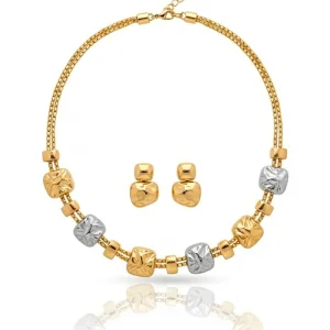 Conjunto Quadrados Amassados Liso Banho Ouro 18K e Ródio