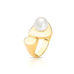 Anel Dois Triângulos Interligados Banho Ouro 18k Pérola Shell