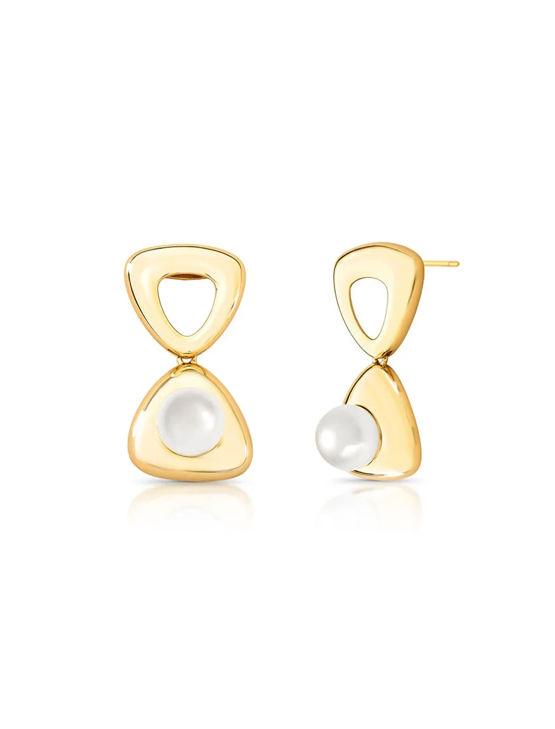 Brinco Dois Triângulos Banho Ouro 18k Pérola Shell - Image 2