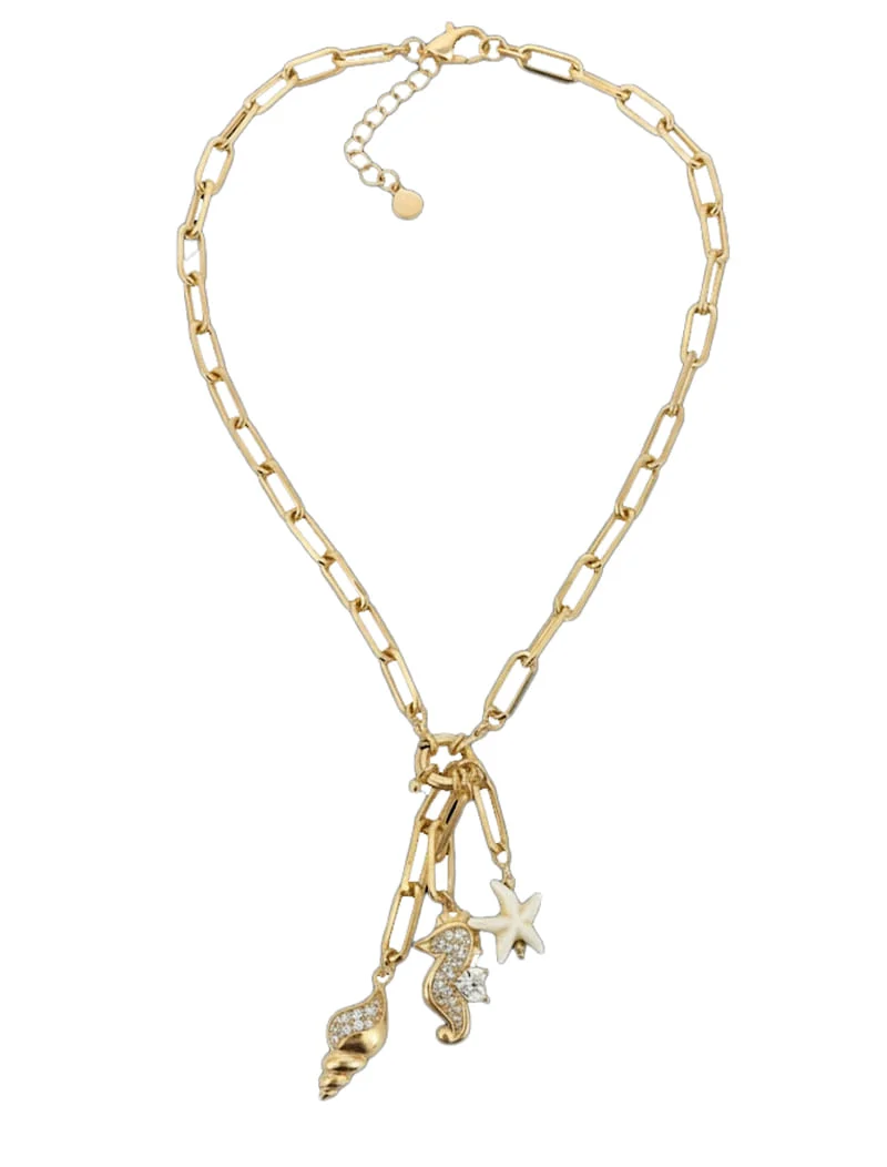 Colar Sereia Cartier Gravata Pingentes Estrela e Cavalo Marinho Cravejado Banho Ouro 18k Cristal