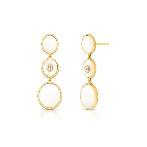 Brinco Longo Oval Meio Cravejado Pedra Banho Ouro 18K Madrepérola