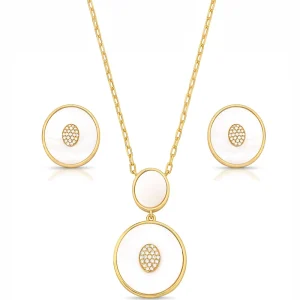 Conjunto Oval Meio Cravejado Pedra Banho Ouro 18K Madrepérola
