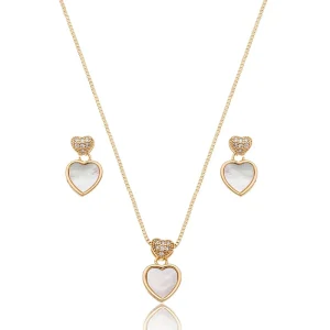 Conjunto Base Cravejada Coração Madrepérola Banho Ouro 18k