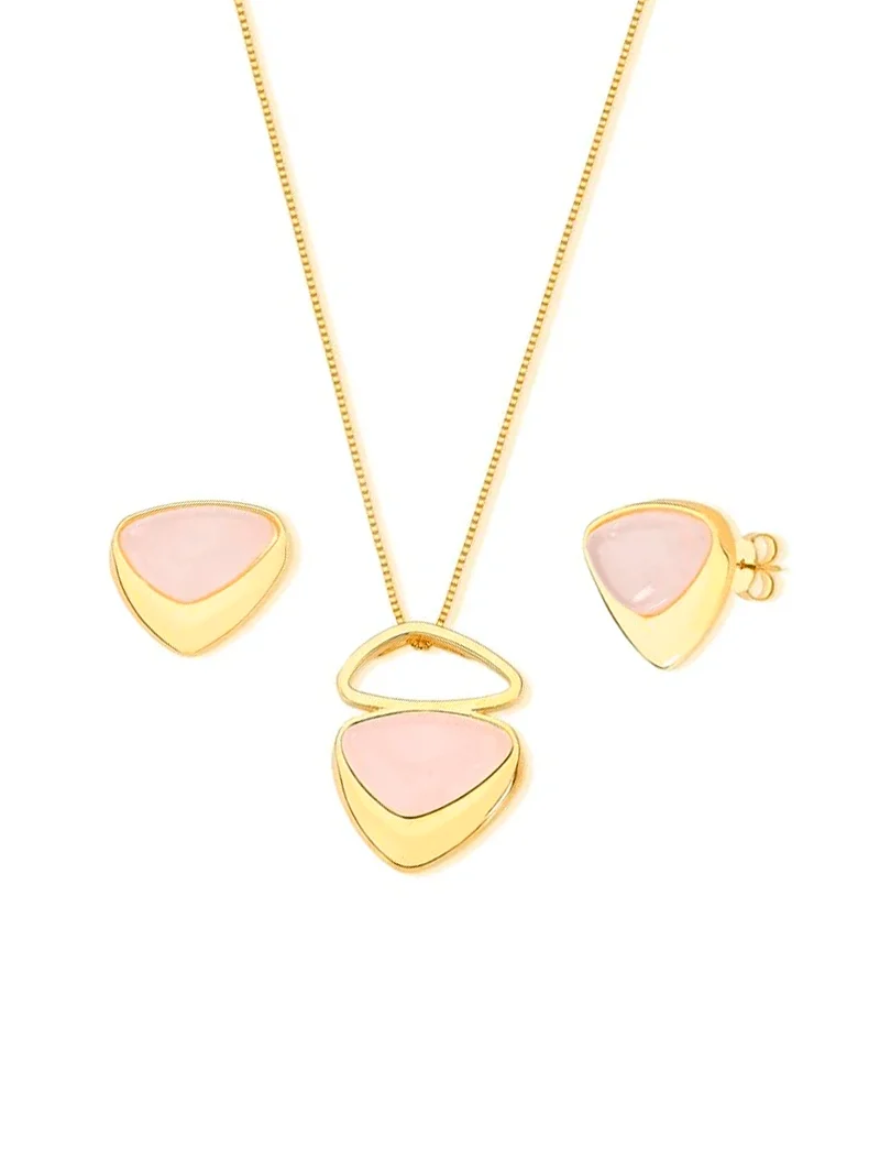 Conjunto Triangular Abaulado Pedra Central Banho Ouro 18k - Image 5
