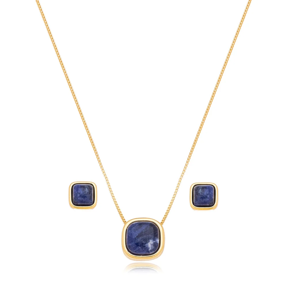 Conjunto Pedra Quadrada Banho Ouro 18K