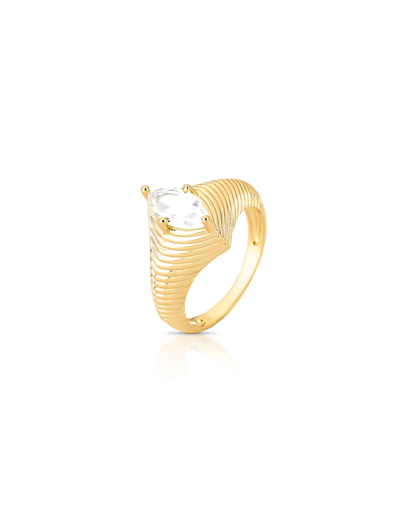 Anel Navete Meio Cristal Banho Ouro 18k
