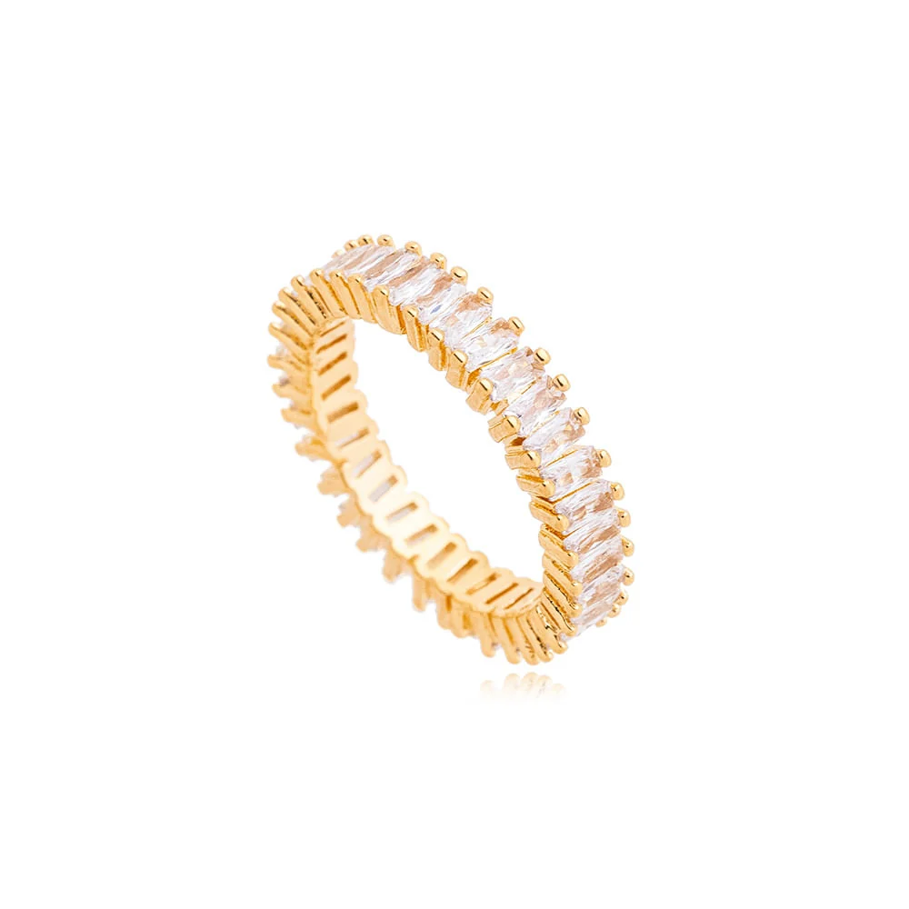 Anel Volta Cravejada Riviera Baguetes Banho Ouro 18k Zircônia