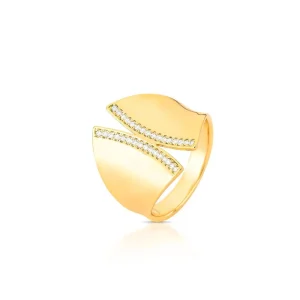 Anel Curvo Largo com Fileiras Cravejadas Banho Ouro 18k