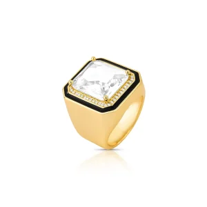 Anel Esmaltado Cristal Retangular Zircônia Banho Ouro 18k