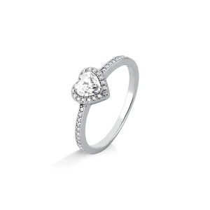 Anel Solitário Coração Cravejado 1mm Prata 925 Moissanite
