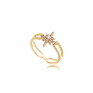 Anel Estrela Cravejada Banho Ouro 18K Zircônia