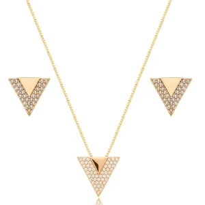 Conjunto V Cravejado Banho Ouro 18K Zircônia