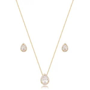 Conjunto Gota Cravejada Banho Ouro 18k Zircônia