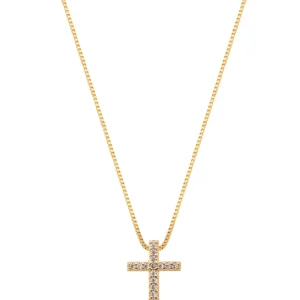 Colar Teen Delicado Mini Cruz Cravejado Banho Ouro 18K Zircônia