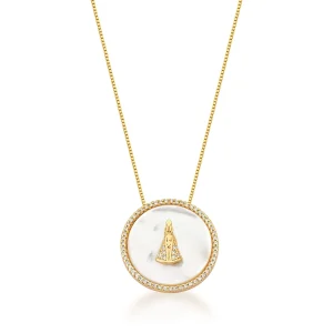 Colar Nossa Senhora Volta Cravejada Banho Ouro 18K Madrepérola