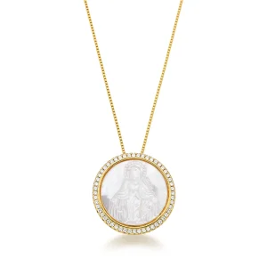 Colar Nossa Senhora das Graças Volta Cravejada Banho Ouro 18k Madrepérola