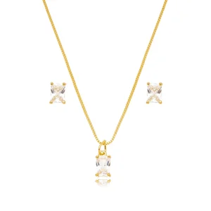 Conjunto Retangular Ponto de Luz Banho Ouro 18K Zircônia