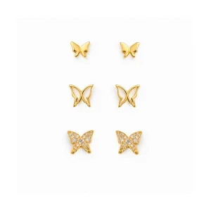 Brinco Trio Borboletas Banho Ouro 18K com Zircônia e Madrepérola