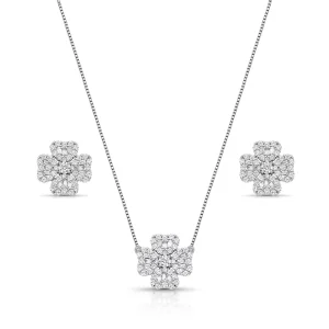 Conjunto Trevo Cravejado Banho Ródio Zircônia