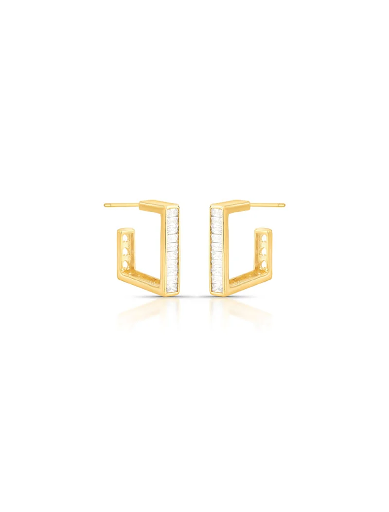 Brinco Meia Argola Quadrada Baguetes Cravejada Cristal Banho Ouro 18K - Image 2