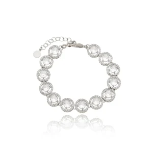 Pulseira Glam Pedra Redonda Volta Cravejada Banho Ródio Cristal