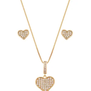 Conjunto Coração Cravejado Banho Ouro 18K Zircônia