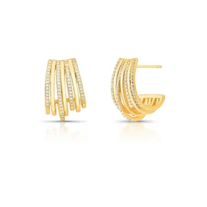 Brinco Fileiras Cravejadas Banho Ouro 18K Zircônia