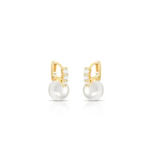 Brinco Argola Três Pontos de Luz Pérola Shell Banho Ouro 18k Zircônia